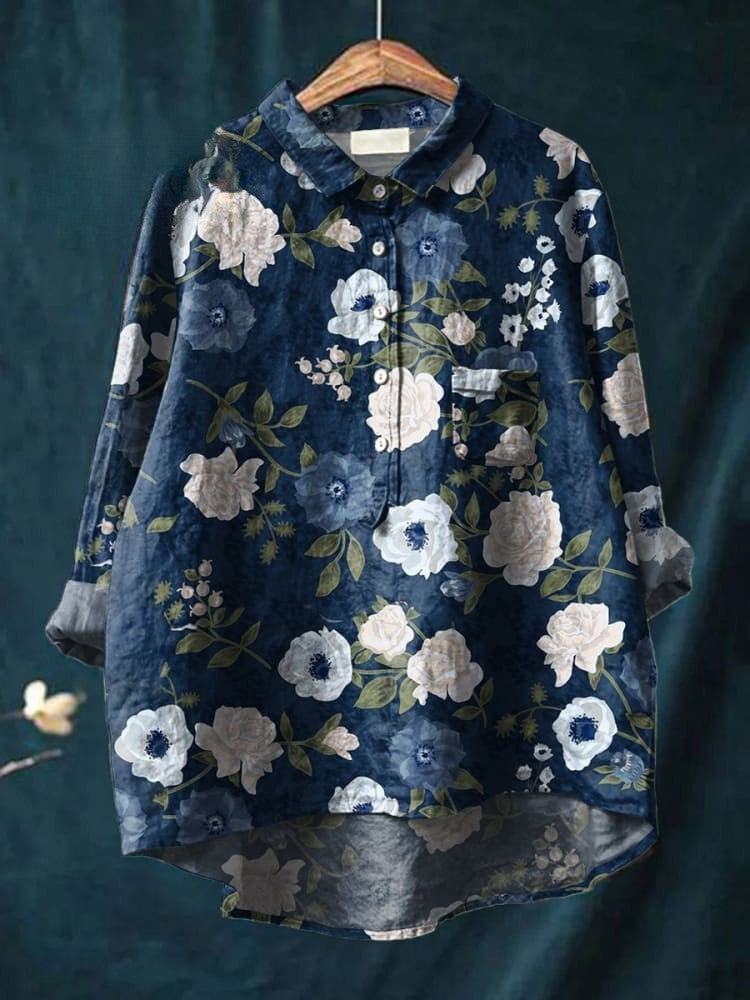 Katherine - Lightweight Floral Art Print Cotton-Linen Shirt