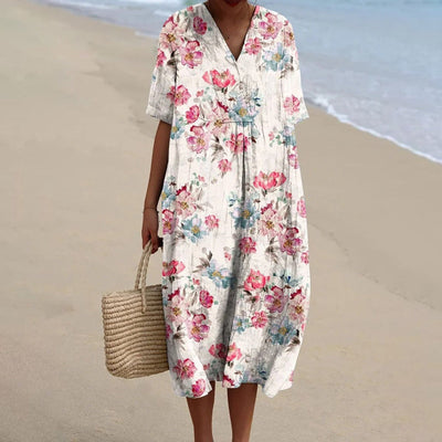 Florine - Retro Floral Linen Dress