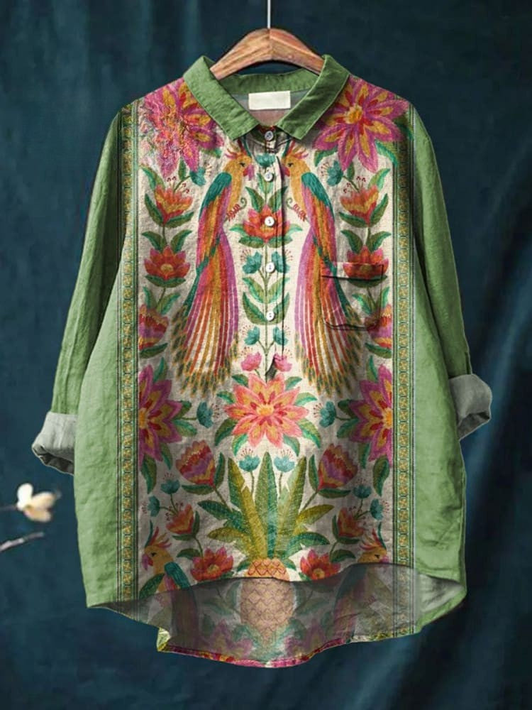 Sarah - Vintage Floral Birds Art Print Cotton-Linen Shirt