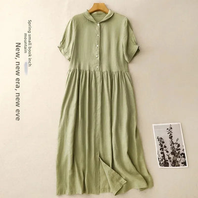 Summer Loose Cotton Linen Dress – Short Sleeves, Collar, Artistic Midi with High Waist & Asymmetrical A-Line