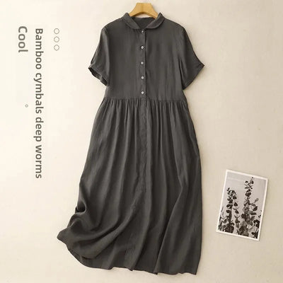 Summer Loose Cotton Linen Dress – Short Sleeves, Collar, Artistic Midi with High Waist & Asymmetrical A-Line