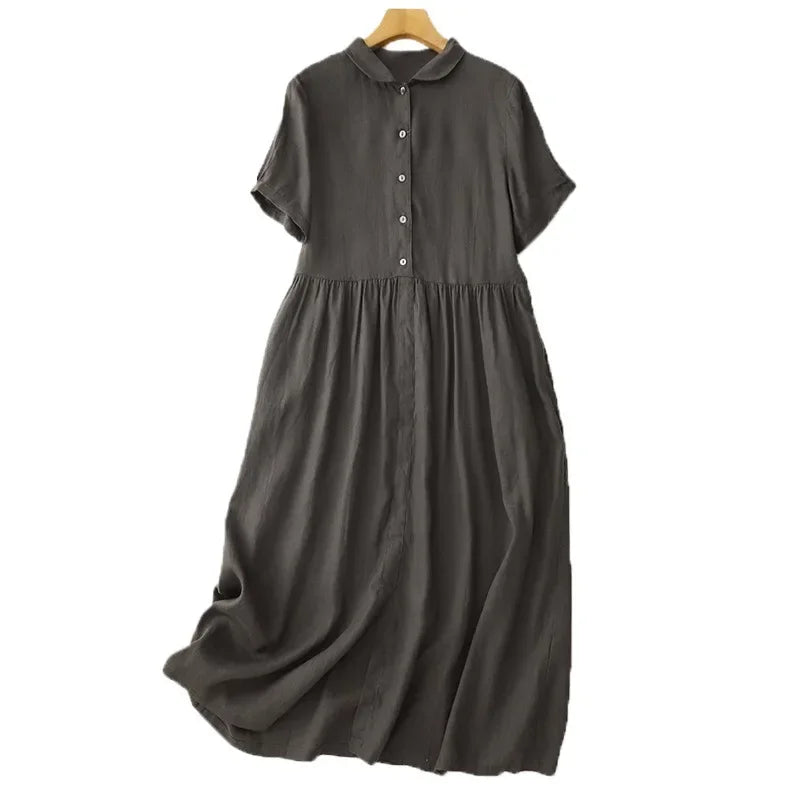 Summer Loose Cotton Linen Dress – Short Sleeves, Collar, Artistic Midi with High Waist & Asymmetrical A-Line