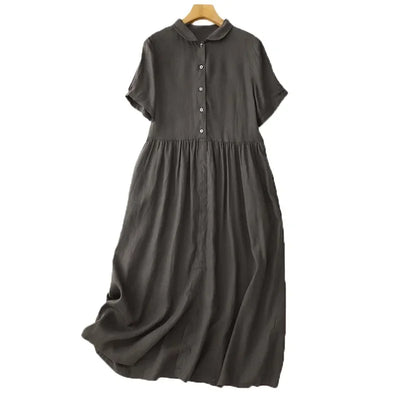 Summer Loose Cotton Linen Dress – Short Sleeves, Collar, Artistic Midi with High Waist & Asymmetrical A-Line