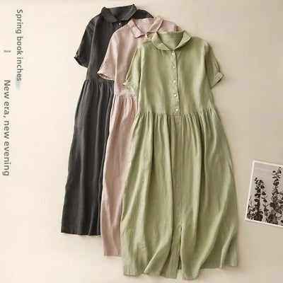 Summer Loose Cotton Linen Dress – Short Sleeves, Collar, Artistic Midi with High Waist & Asymmetrical A-Line