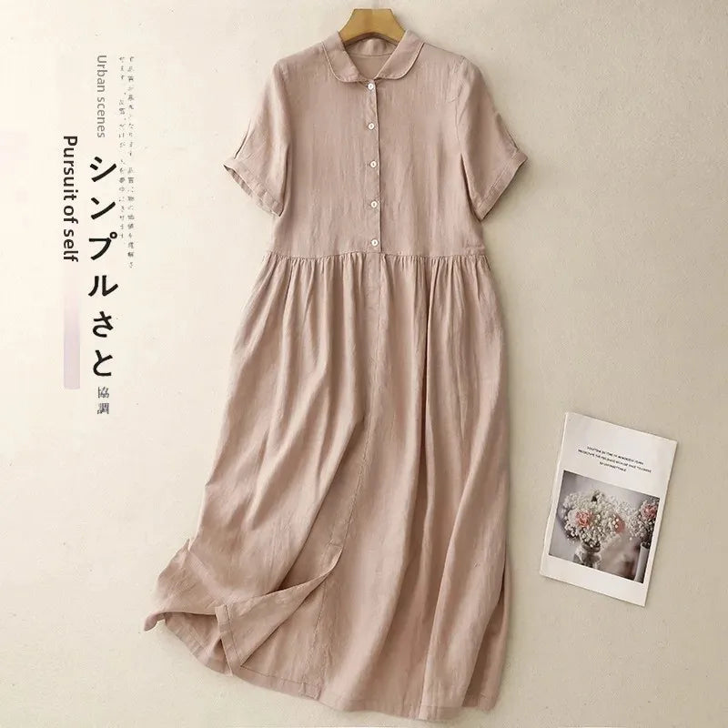Summer Loose Cotton Linen Dress – Short Sleeves, Collar, Artistic Midi with High Waist & Asymmetrical A-Line