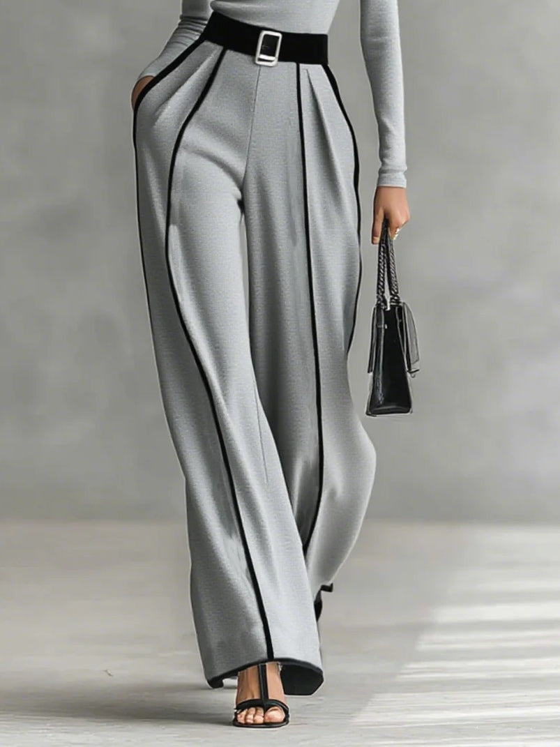 High-Neck Long Sleeve Top with White Trim and Wide-Leg Pants Set with Belt
