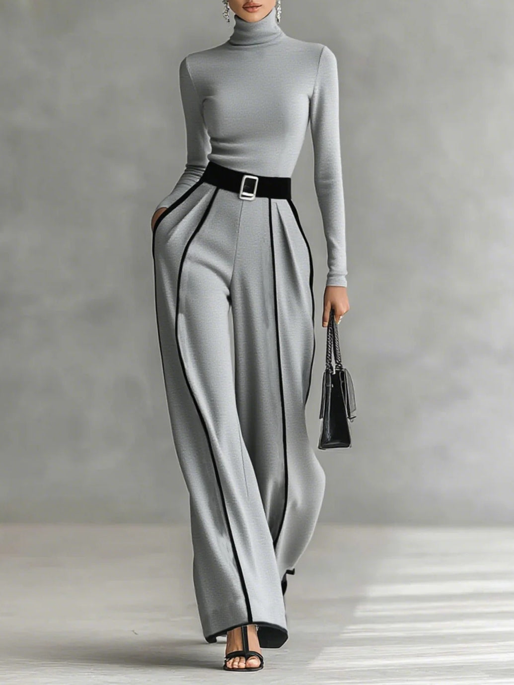 High-Neck Long Sleeve Top with White Trim and Wide-Leg Pants Set with Belt