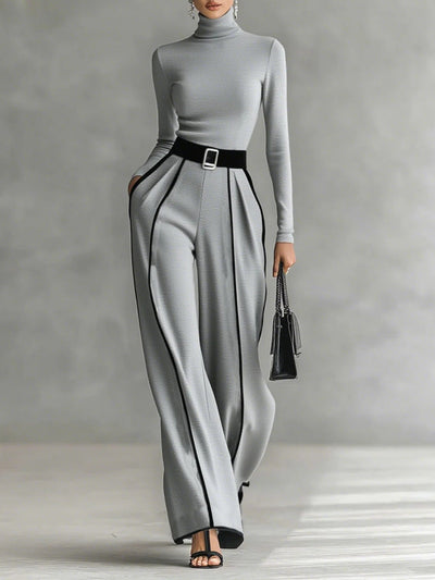 High-Neck Long Sleeve Top with White Trim and Wide-Leg Pants Set with Belt