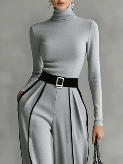 High-Neck Long Sleeve Top with White Trim and Wide-Leg Pants Set with Belt