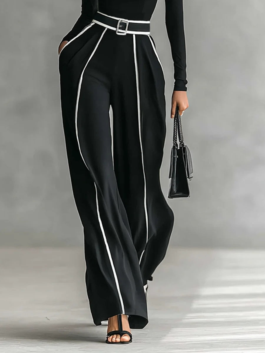 High-Neck Long Sleeve Top with White Trim and Wide-Leg Pants Set with Belt