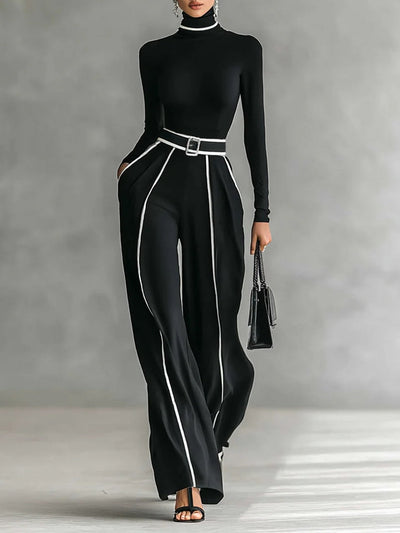 High-Neck Long Sleeve Top with White Trim and Wide-Leg Pants Set with Belt