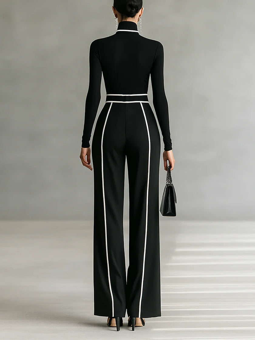 High-Neck Long Sleeve Top with White Trim and Wide-Leg Pants Set with Belt