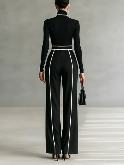High-Neck Long Sleeve Top with White Trim and Wide-Leg Pants Set with Belt