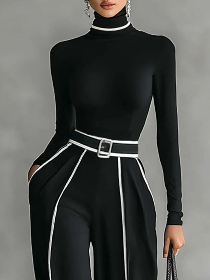 High-Neck Long Sleeve Top with White Trim and Wide-Leg Pants Set with Belt