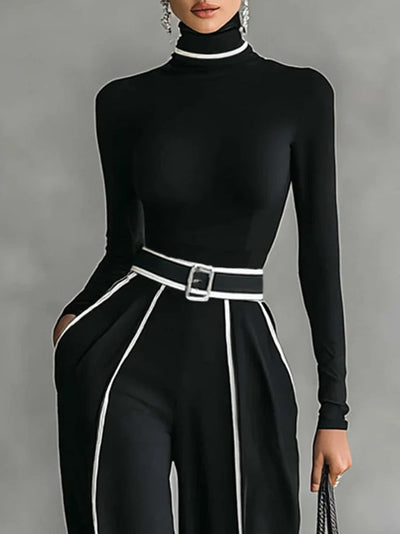 High-Neck Long Sleeve Top with White Trim and Wide-Leg Pants Set with Belt
