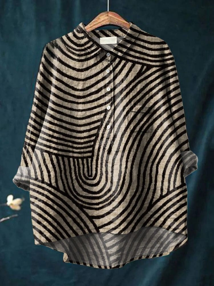 Naomi - Trendy Circular Line Pattern Cotton-Linen Shirt
