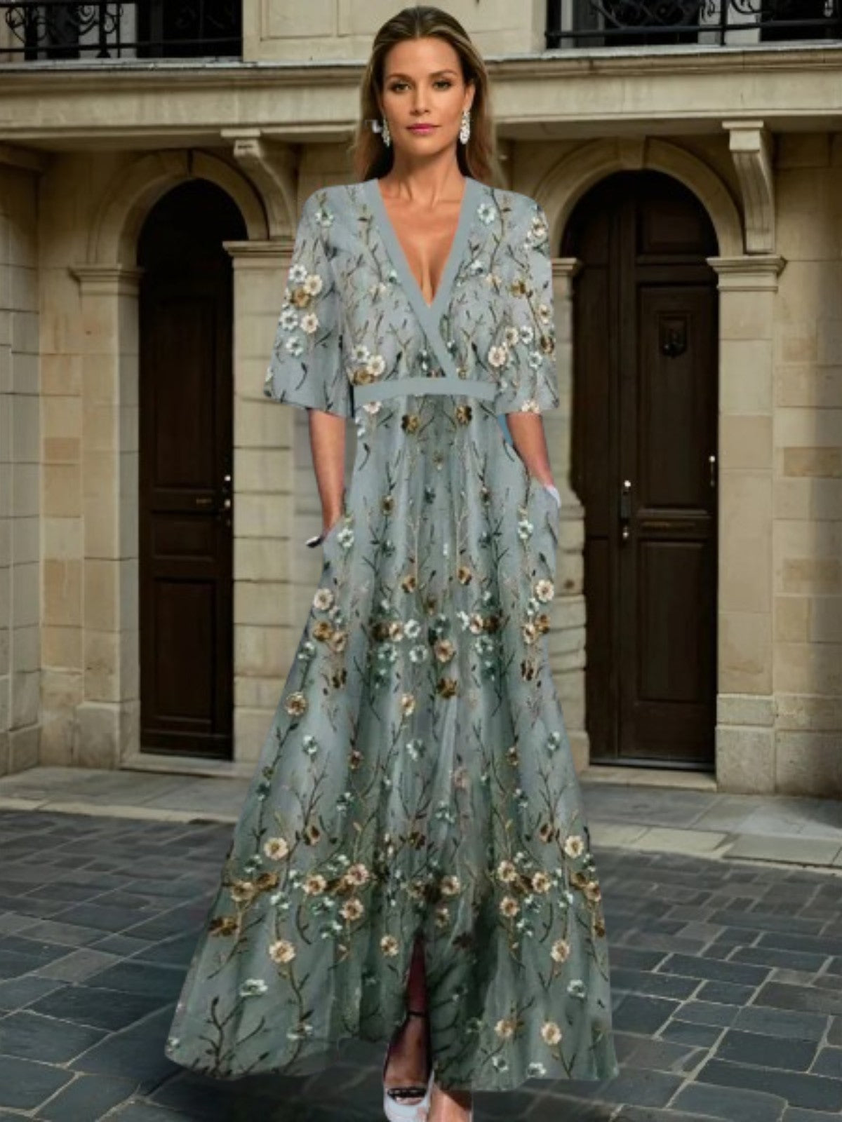 Hazel - Elegant V-Neck Belted Boho Dress