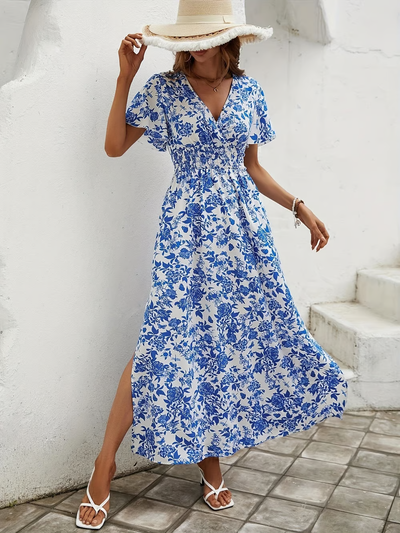 Bea - Bohemian V-Neck Blue Beach Dress