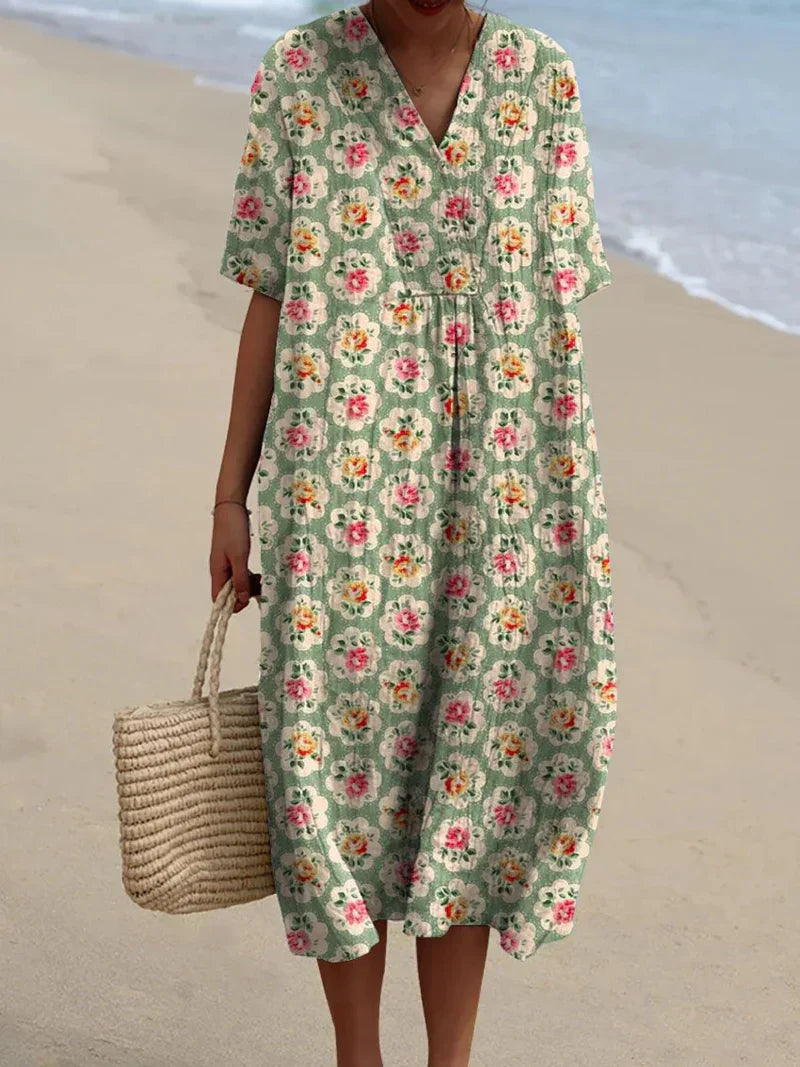 Eliane - Vintage Floral Dress in Aqua Green