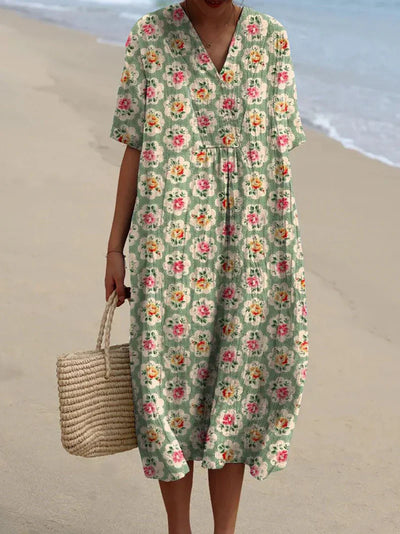 Eliane - Vintage Floral Dress in Aqua Green